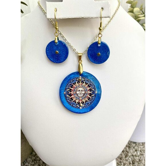 Handmade Celestial Sun Pendant Necklace & Earrings Set | Cosmic Blue Resin - Picture 3 of 4